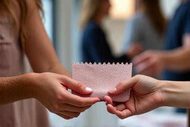 Toimittajan käsi ojentaa kangasnäytteen, taustalla tekstiilikoneita, ammattimainen